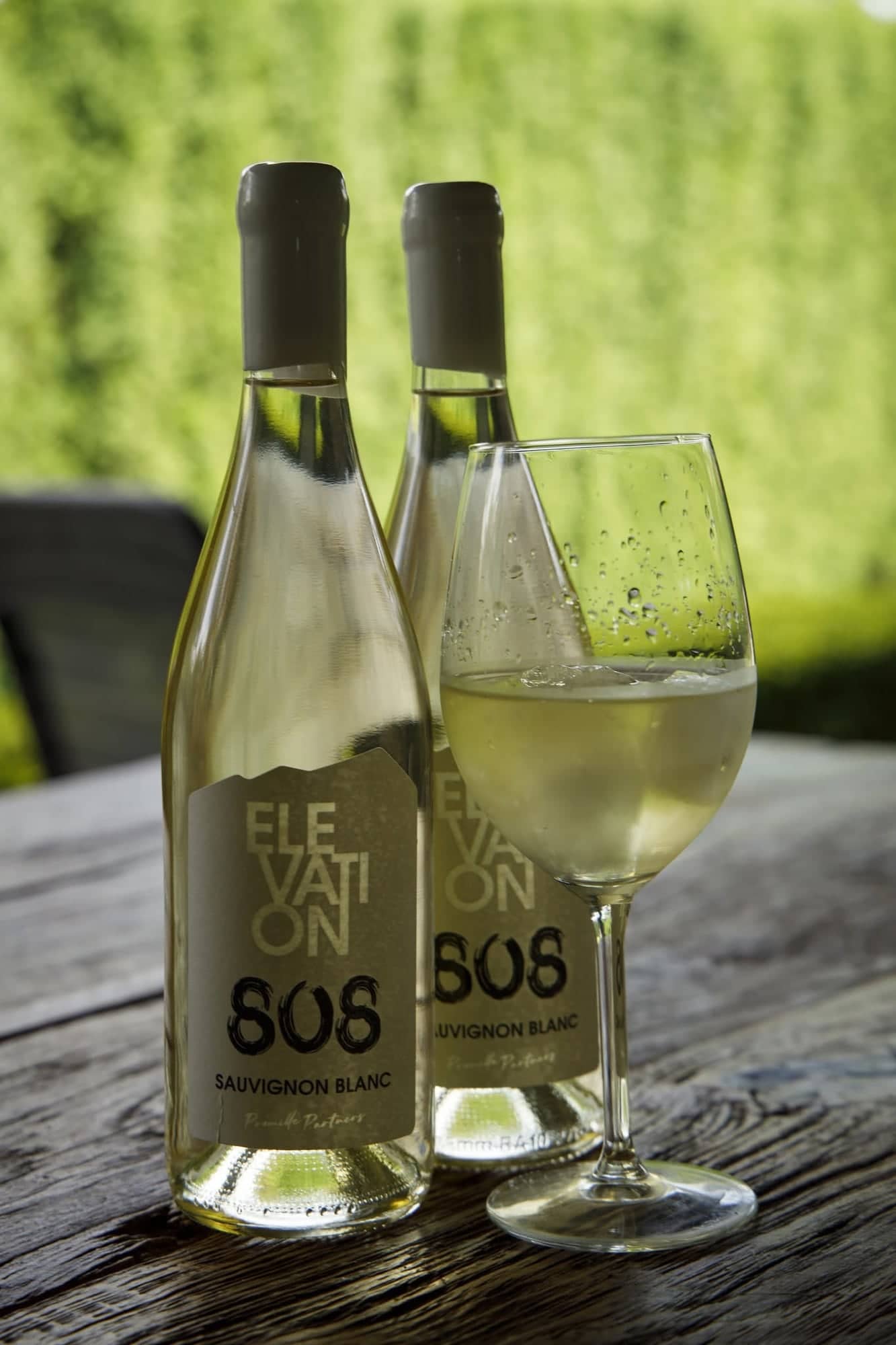 Two bottles of Elevation 808 Sauvignon Blanc and a glass of wine on a wooden table, green hedge behind.