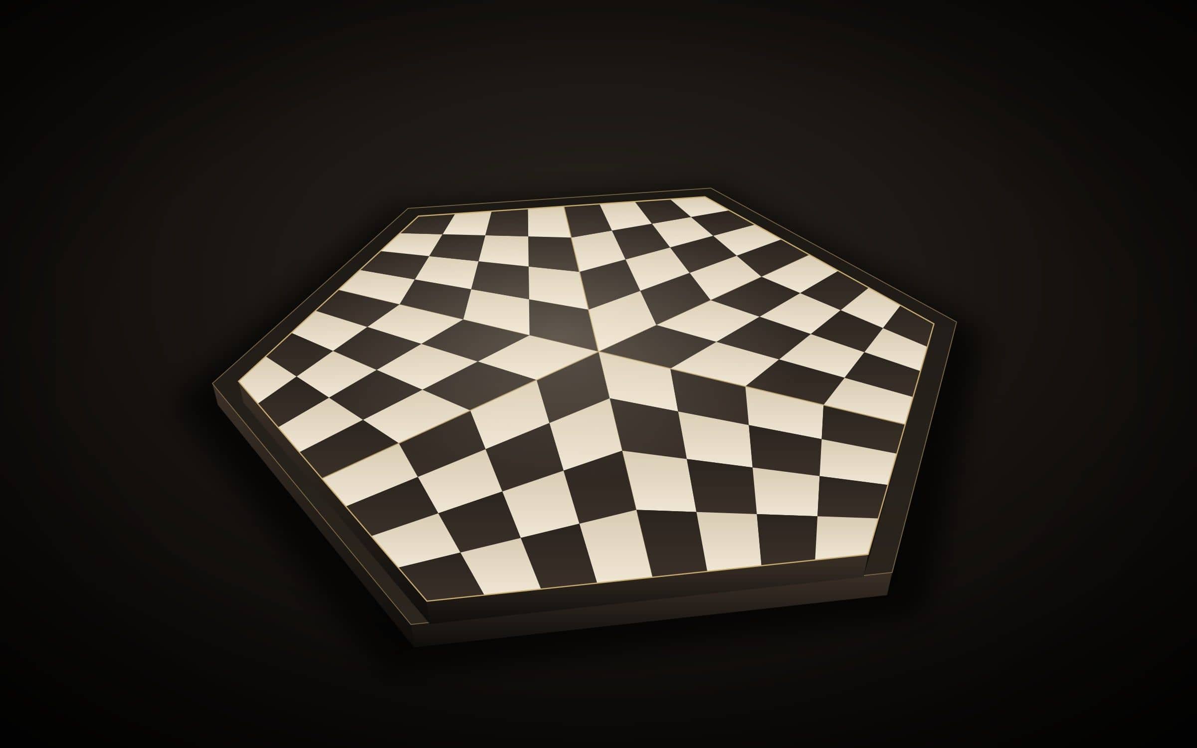 Illustration of a three-player chess board: a hexagonal board of 96 squares, dramatically lit.