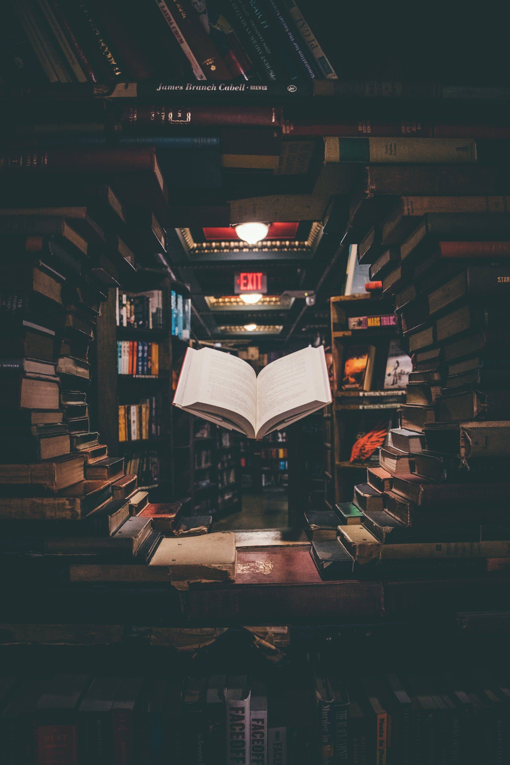 An open book floating in a dark library.