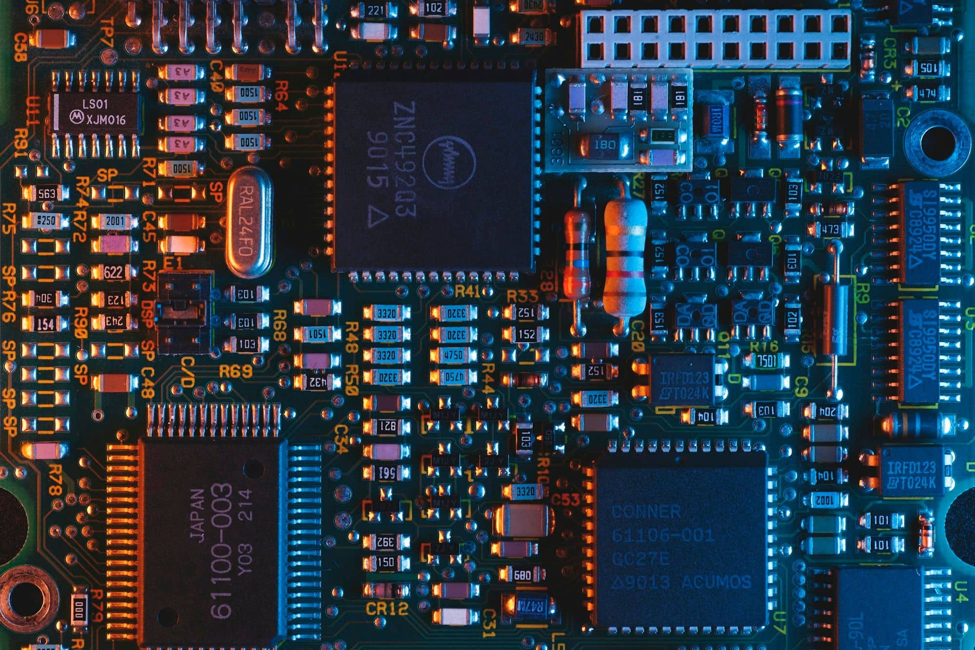 Close-up of a circuit board with a processor chip.
